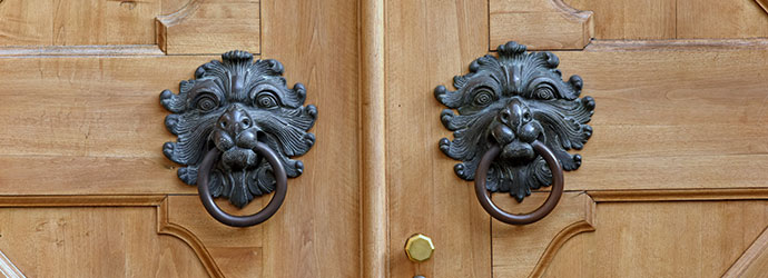 Two brass knockers in wooden door