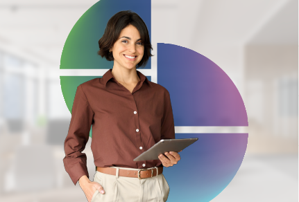 A business woman smilling with one hand in her pocket and the other hand holding a tablet.